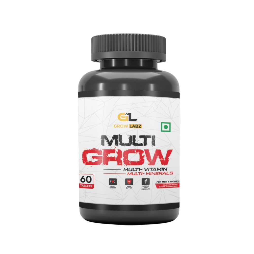 Two supplement bottles labeled 'Multi Grow' and 'Omega-3' with a red ribbon on a white background.