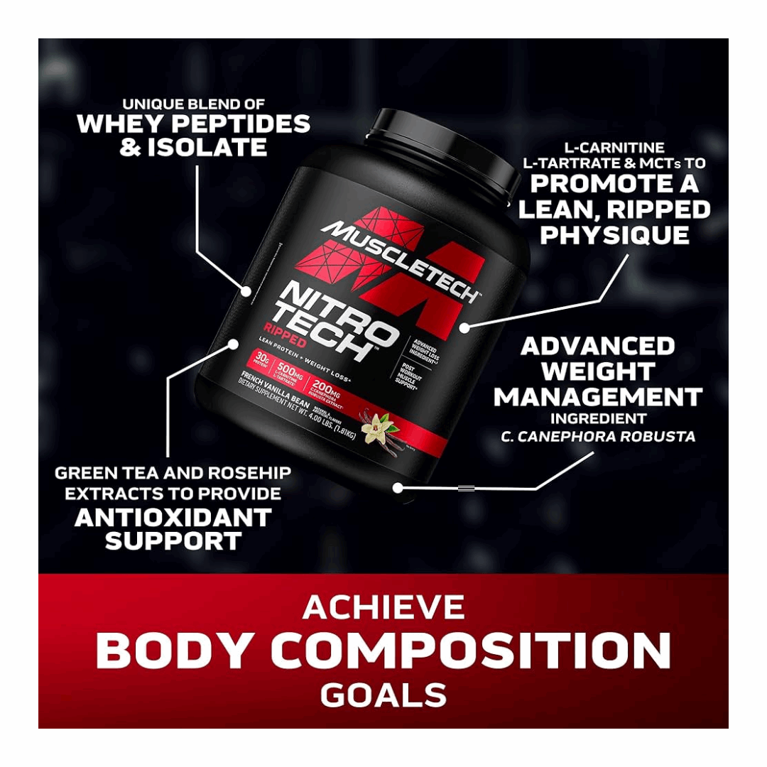 Muscletech Nitro Tech protein powder container with feature text on a dark background