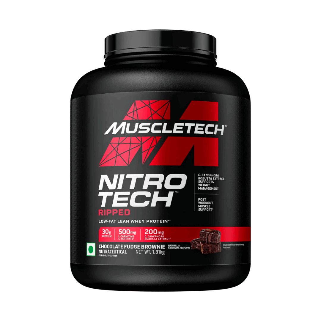 Muscletech Nitro Tech Ripped protein powder container on a white background