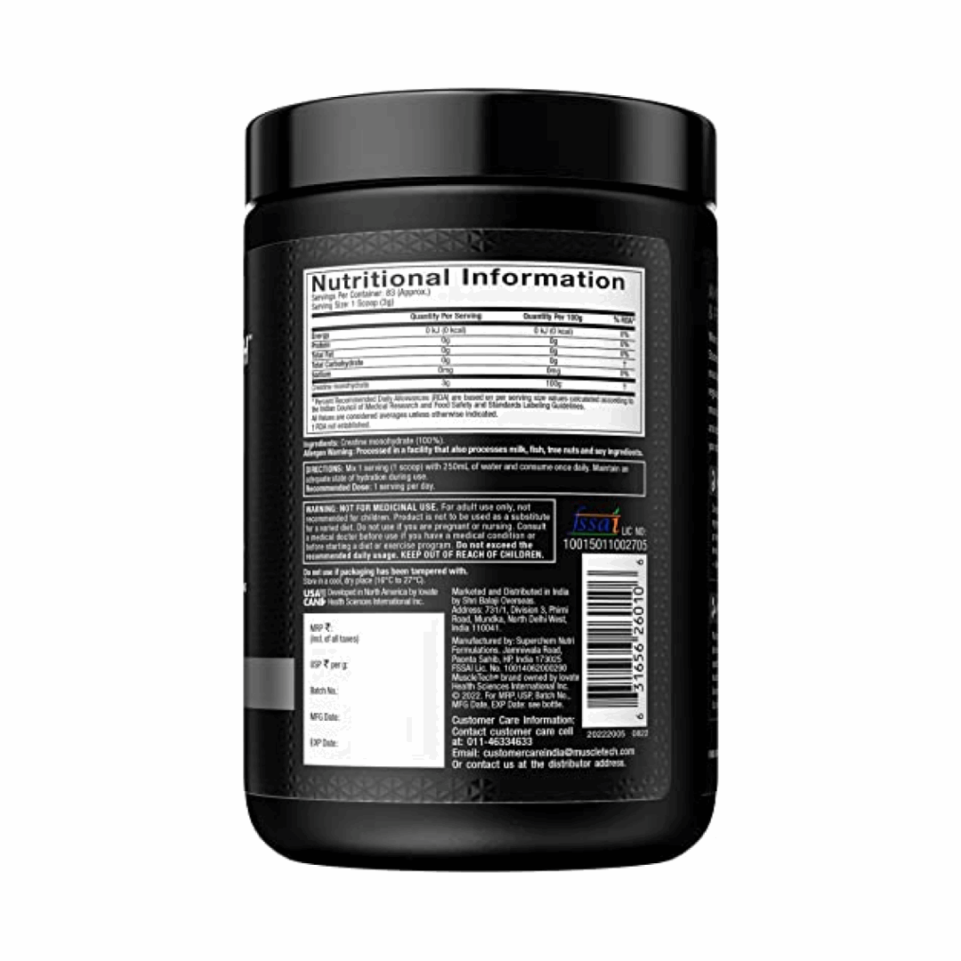 Muscletech 100% Creatine supplement container on a white background