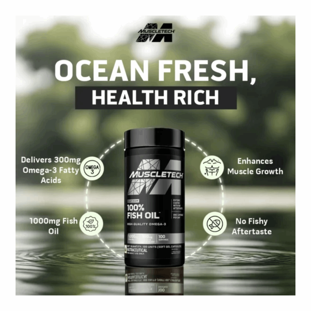 MuscleTech fish oil supplement with ocean-themed background
