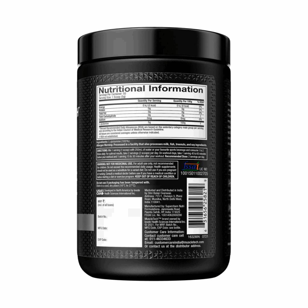 Muscletech 100% Glutamine supplement container on a white background