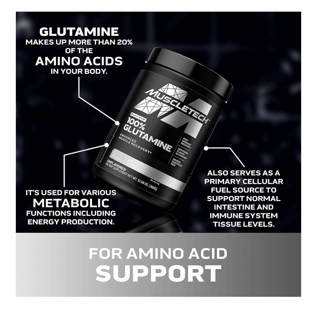 Muscletech glutamine supplement container with text about glutamine's benefits on a dark background