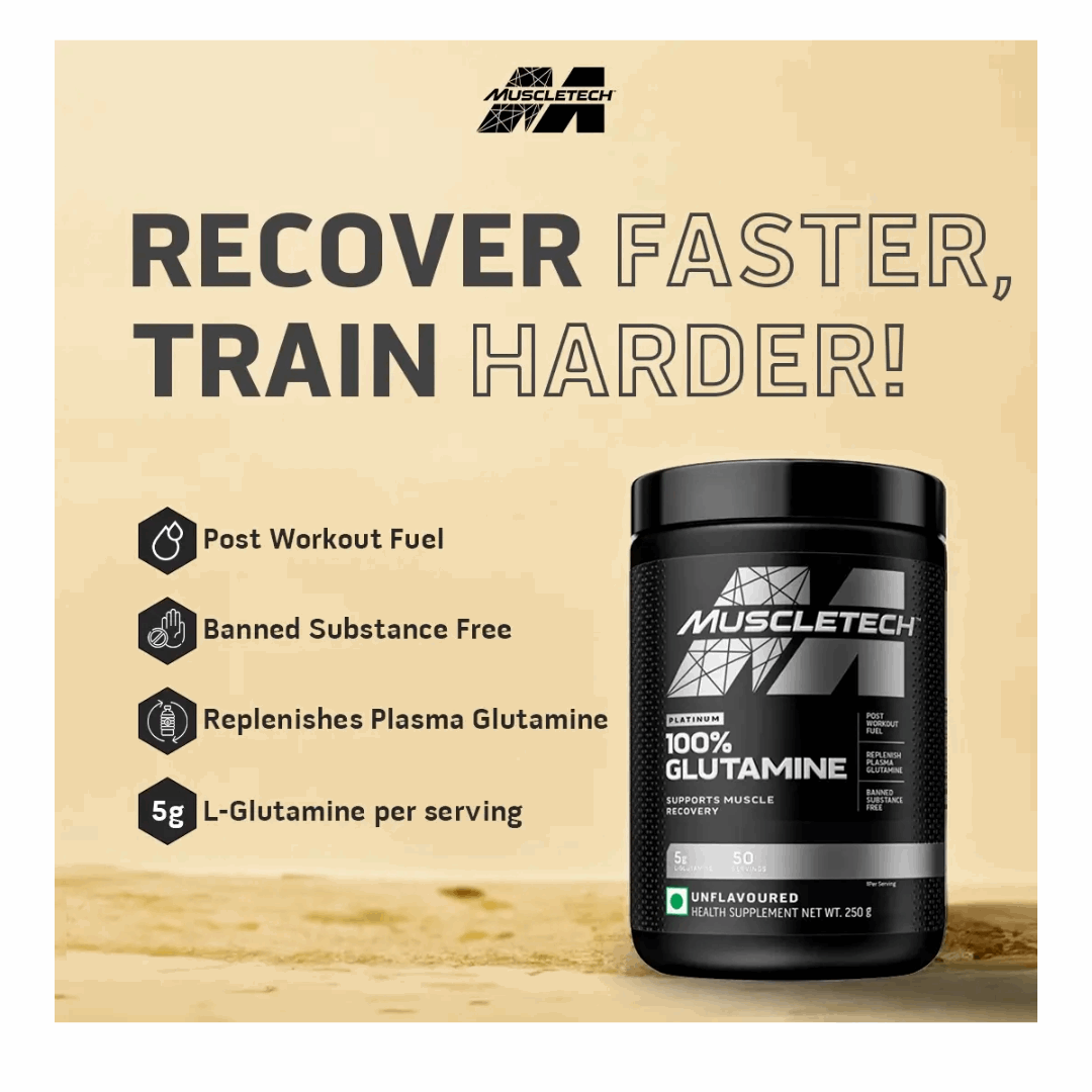 Muscletech L-Glutamine supplement container with promotional text on a wooden surface