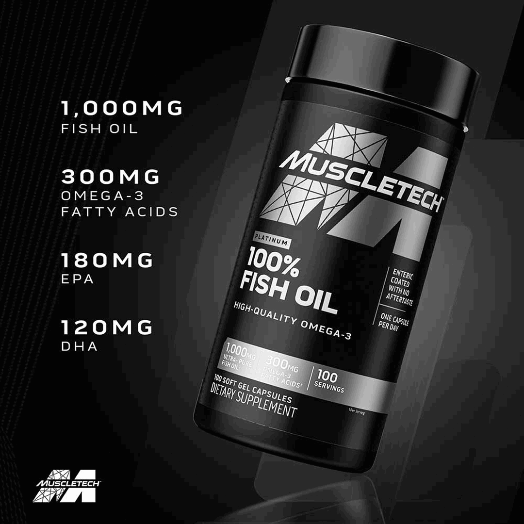 MuscleTech fish oil supplement bottle with nutritional information on a dark background