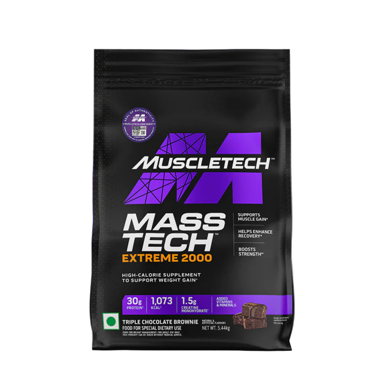 Black package of Muscletech Mass Tech Extreme 2000 supplement on a white background