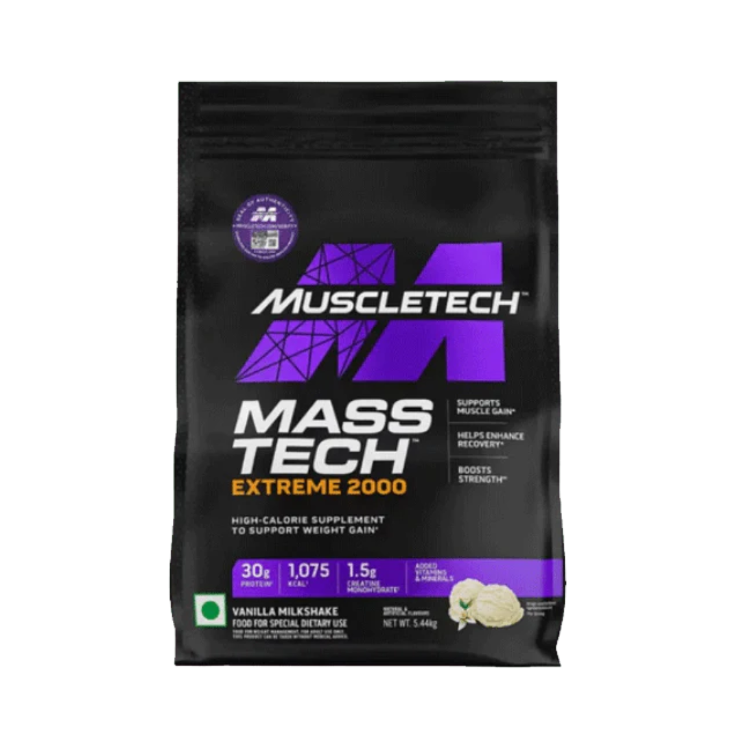 Black and purple package of Muscletech Mass Tech Extreme 2000 on a white background