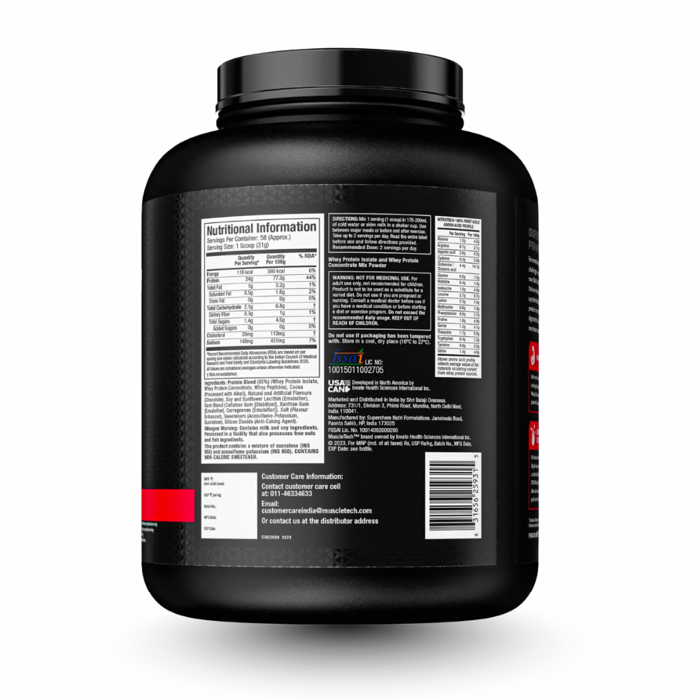Black protein powder container with nutritional information label on a white background