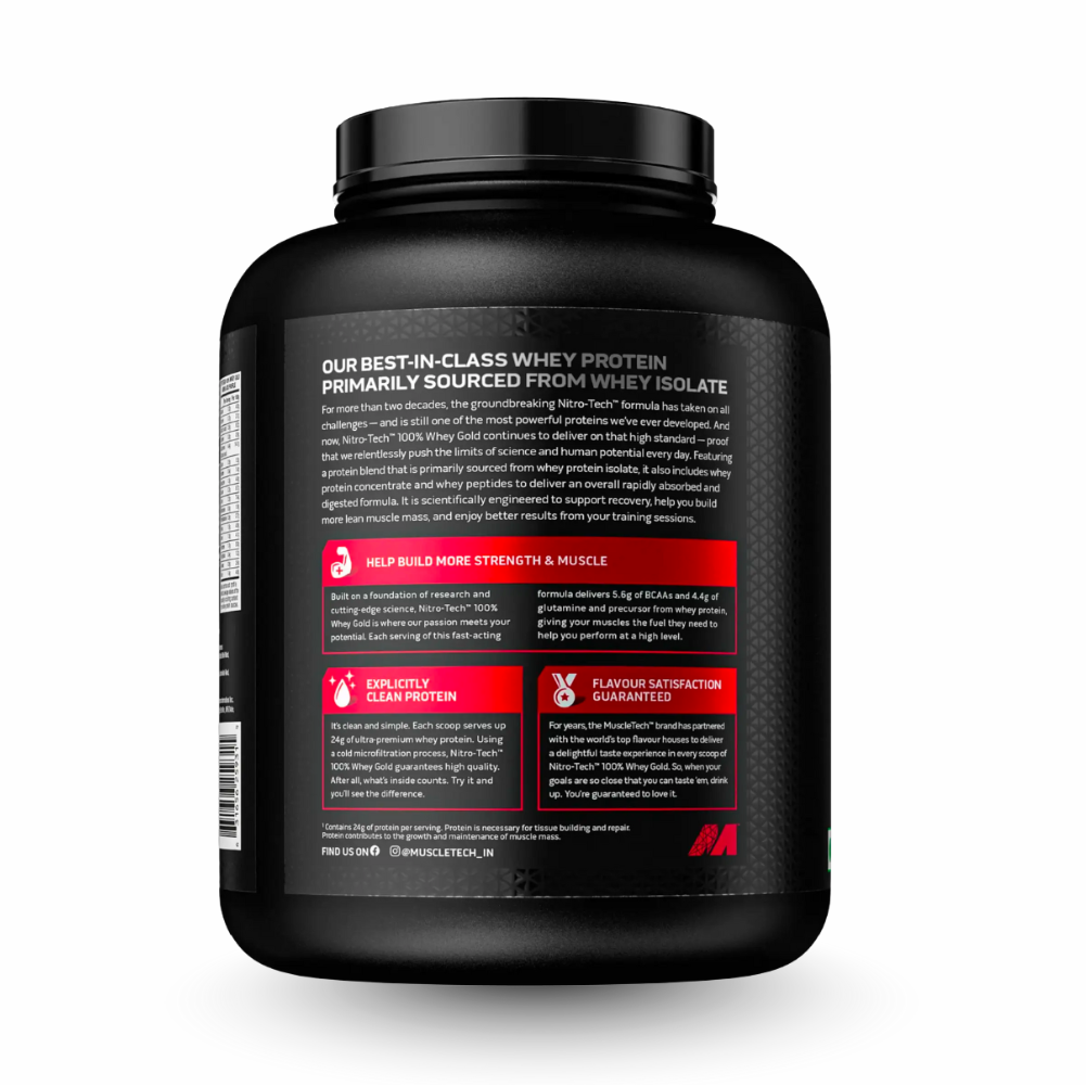 Black container of whey protein with text on a white background