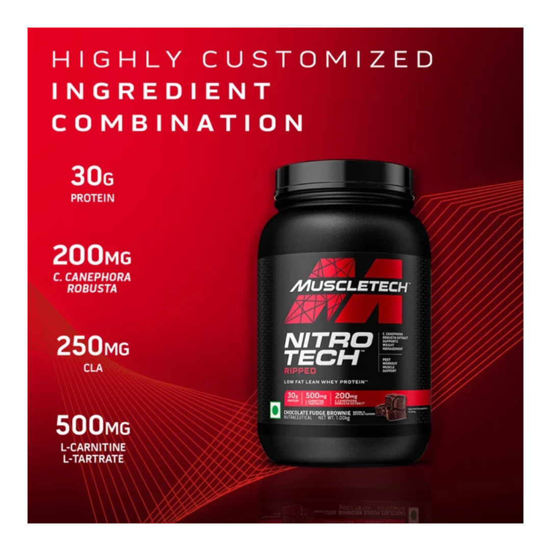 MuscleTech Nitro Tech supplement container on a red background with text about ingredients.