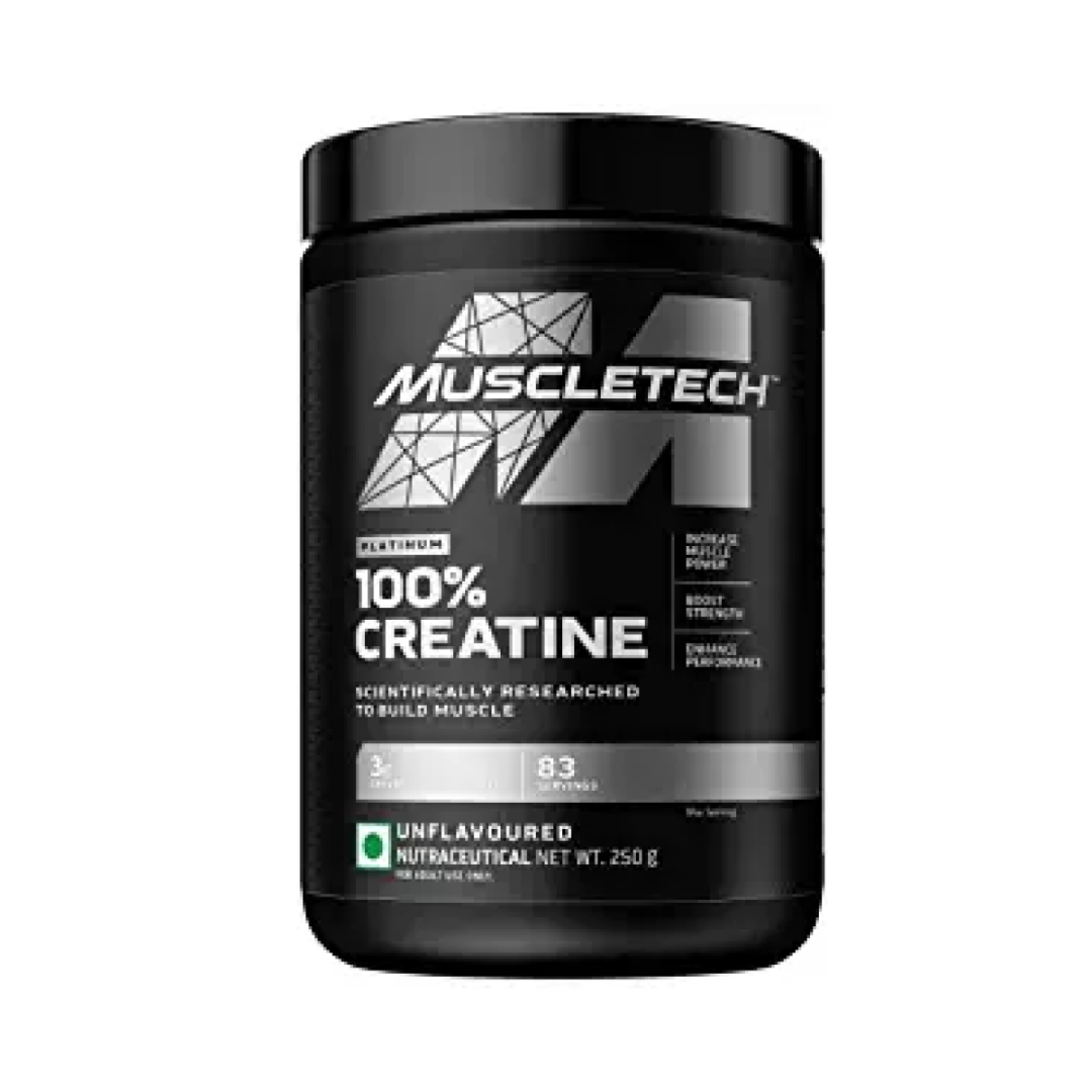 Muscletech 100% Creatine supplement container on a white background