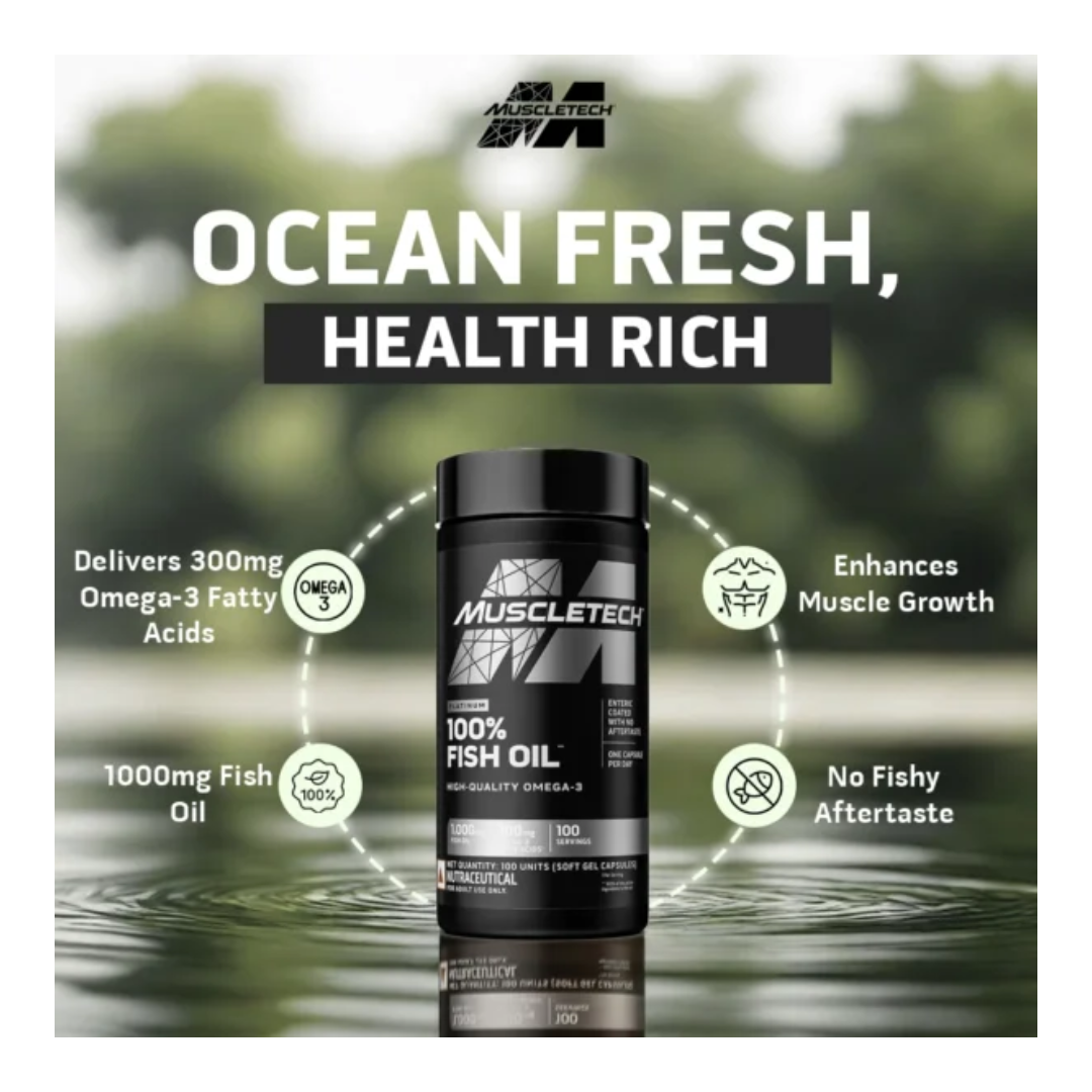 MuscleTech fish oil supplement with ocean-themed background