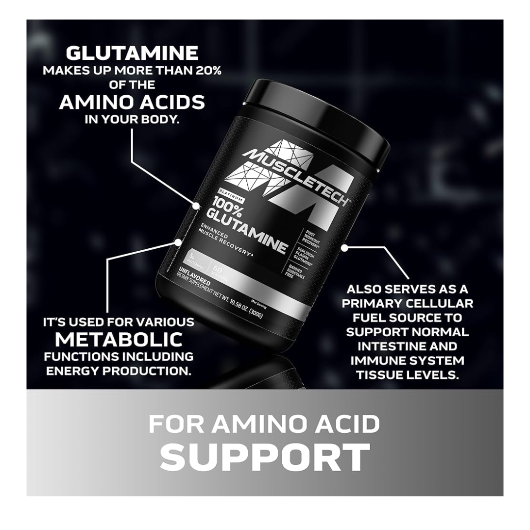 Muscletech glutamine supplement container with text about glutamine's benefits on a dark background