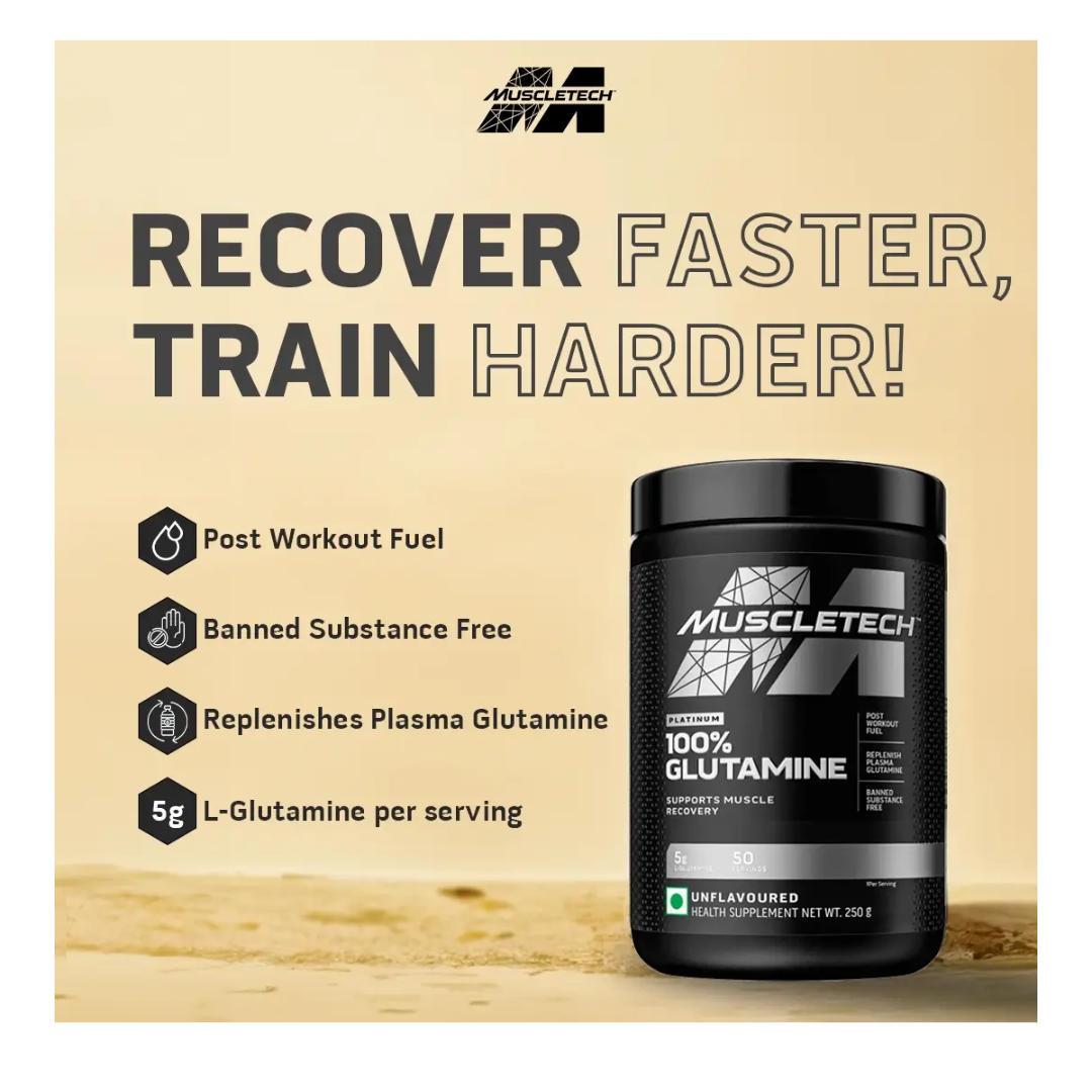 Muscletech L-Glutamine supplement container with promotional text on a wooden surface