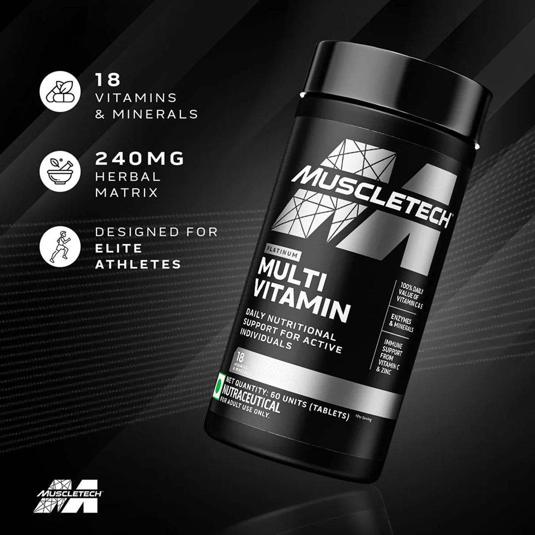 MuscleTech multi vitamin supplement bottle on a dark background with product details.