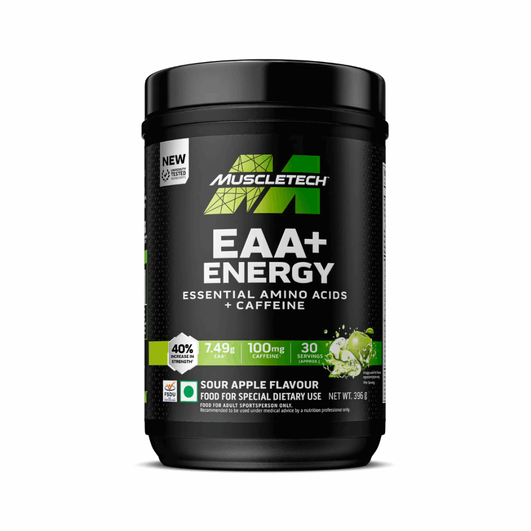Muscletech EAA+ Energy supplement container on a white background