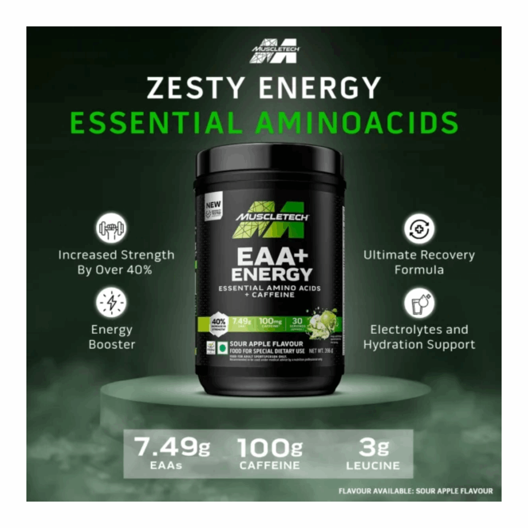 Muscletech EAA+ Energy supplement container with product details on a dark background