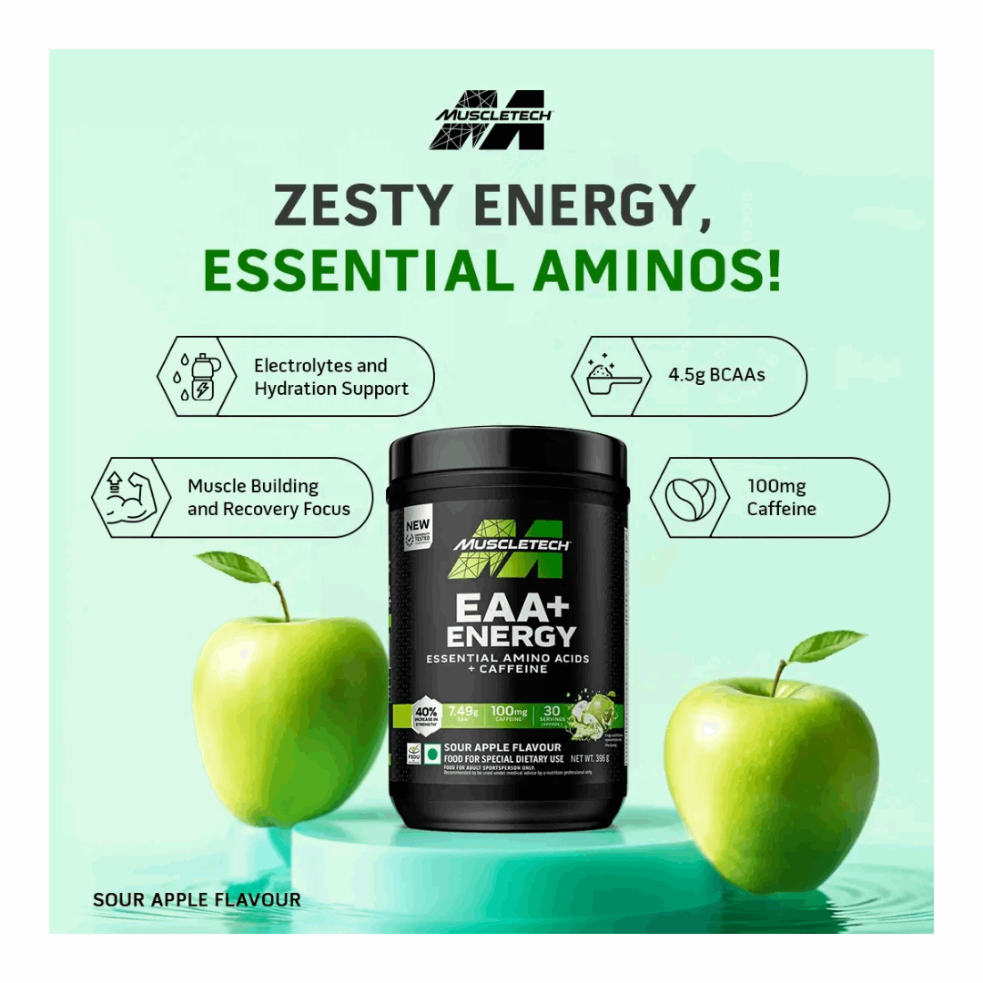MuscleTech EAA+ Energy supplement container with green apples on a light green background
