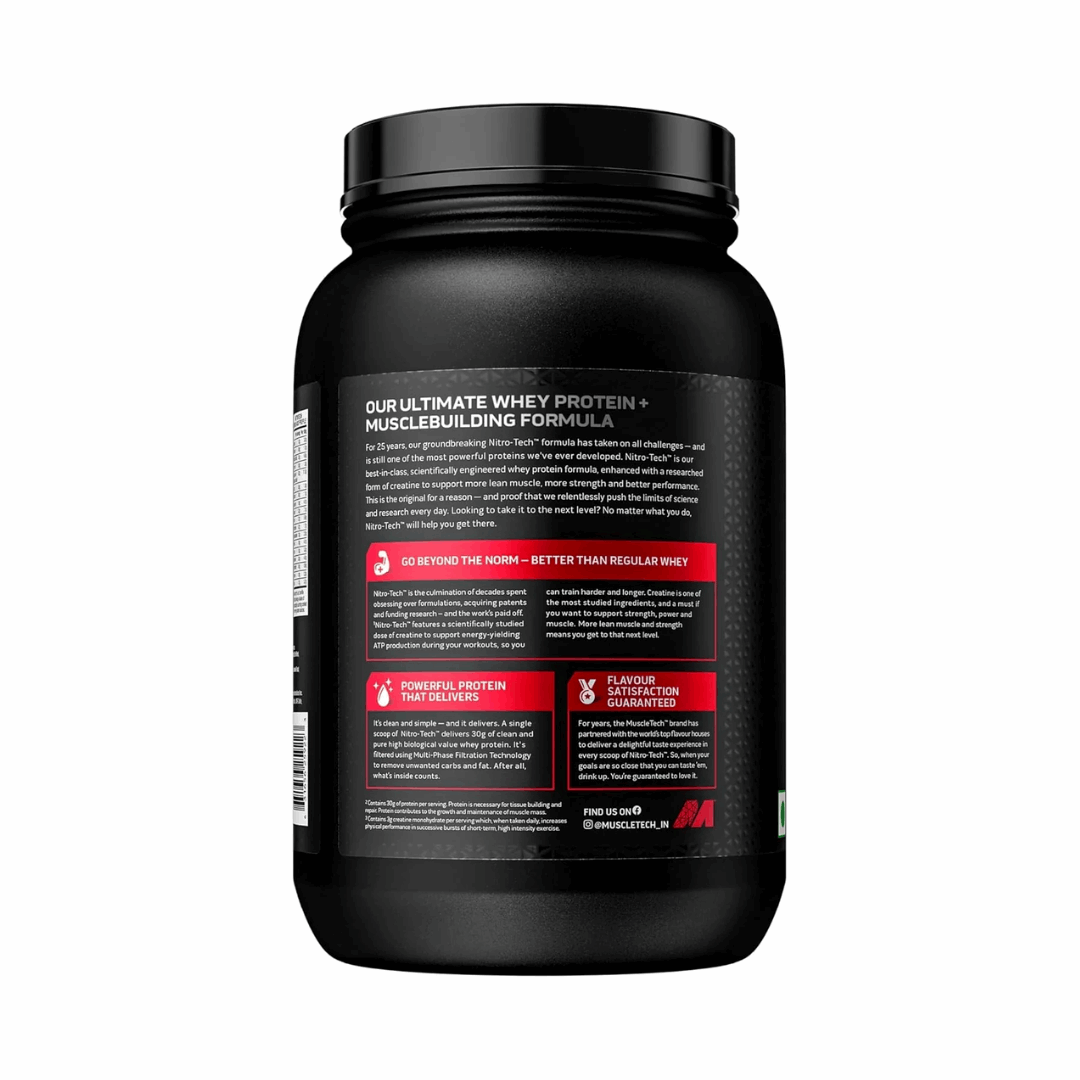 Black protein powder container with label on a white background