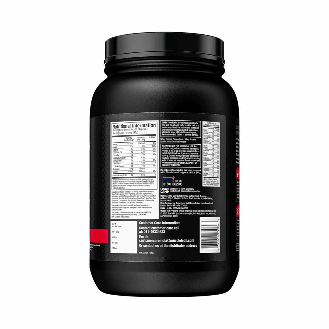Black supplement container with nutritional information label on a white background