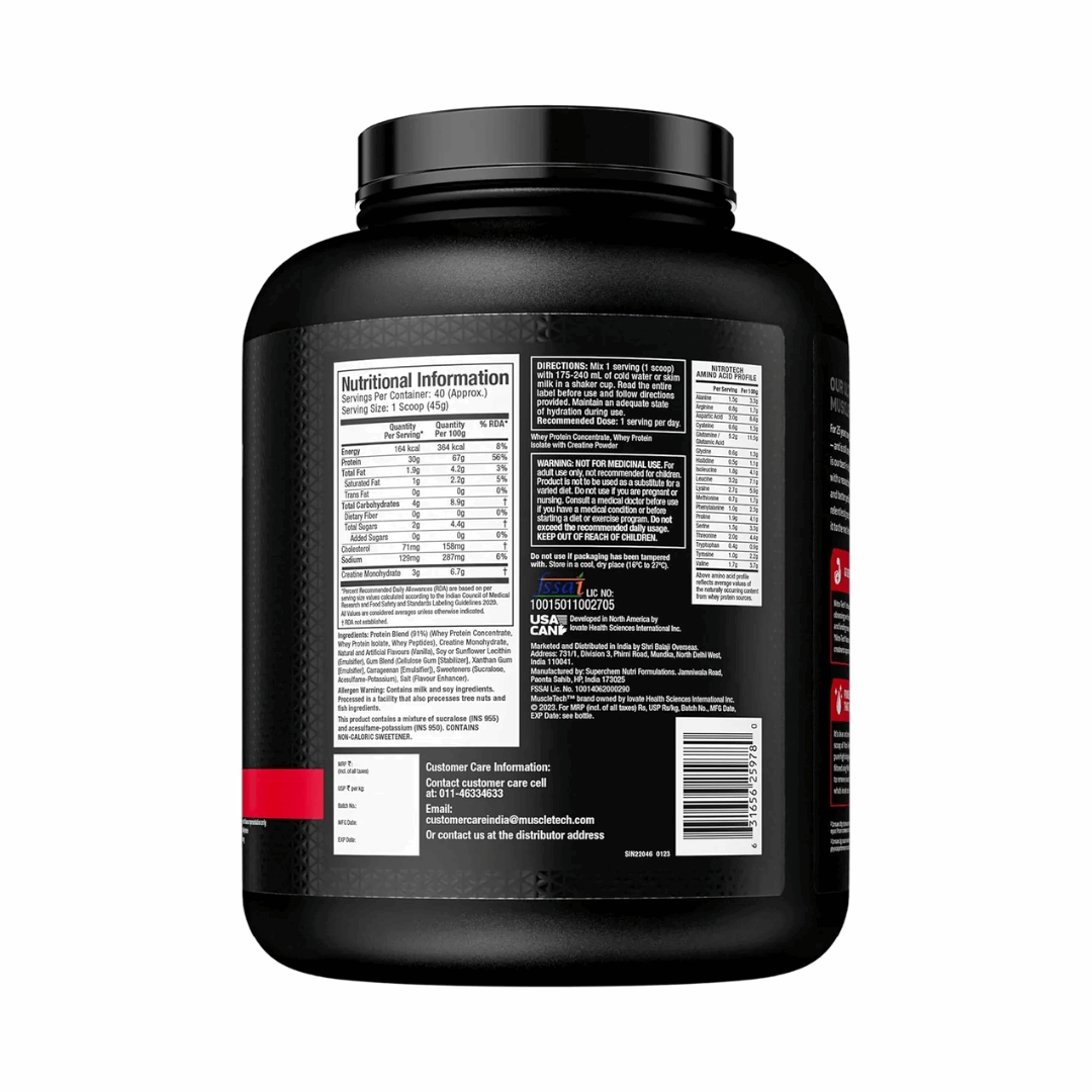 Black supplement container with nutritional information label on a white background