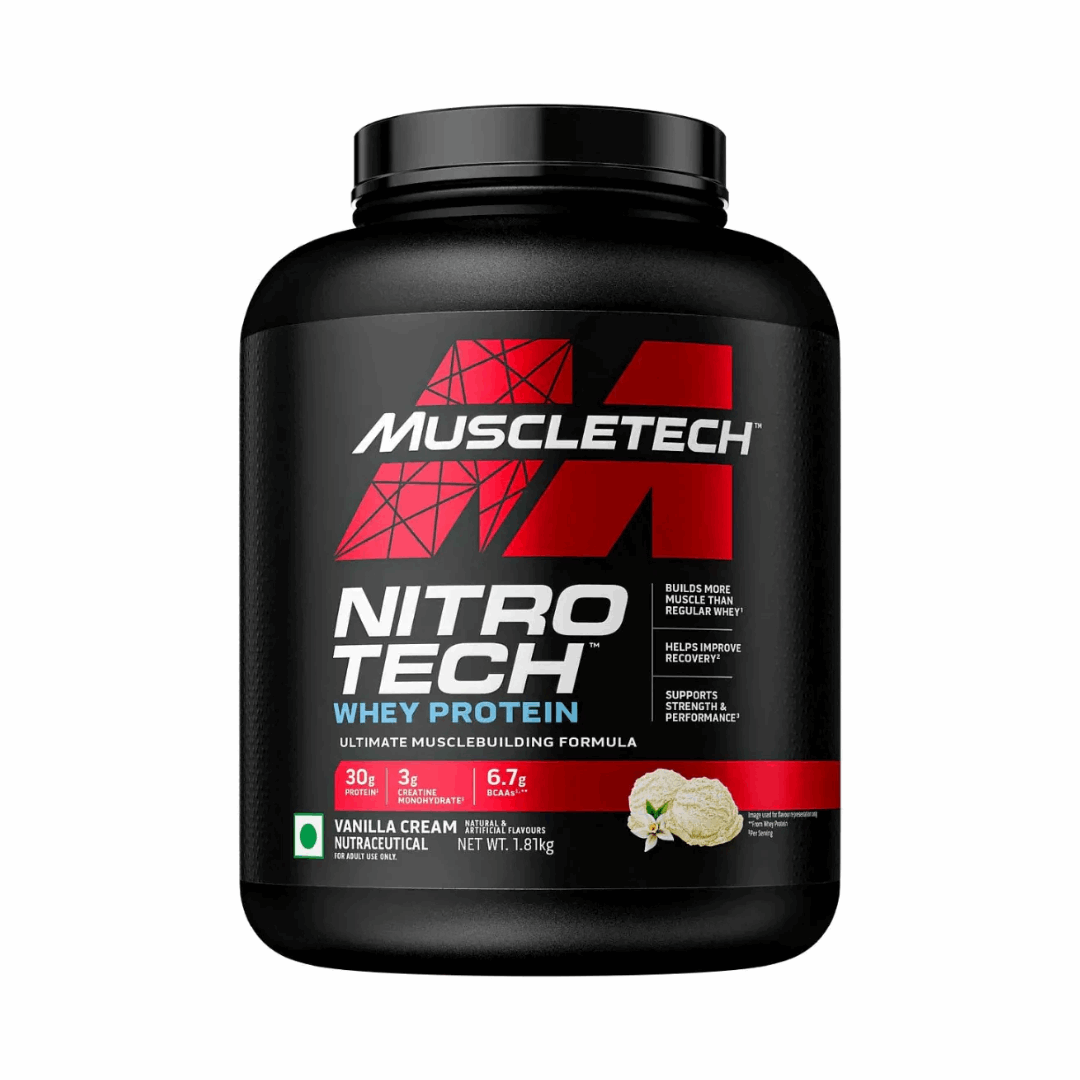 Black container of Muscletech Nitro Tech Whey Protein on a white background