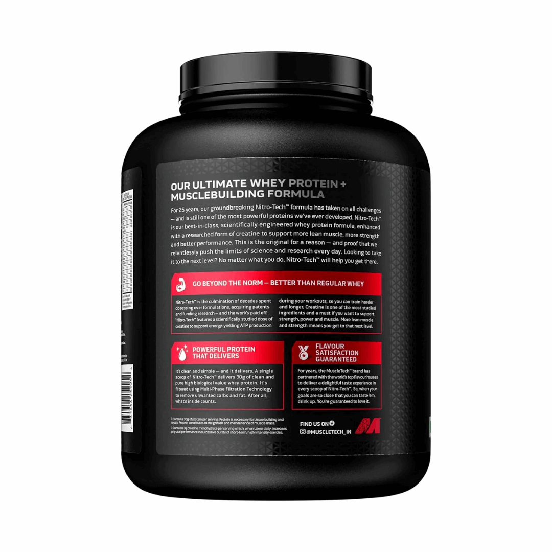Black protein supplement container with text on a white background