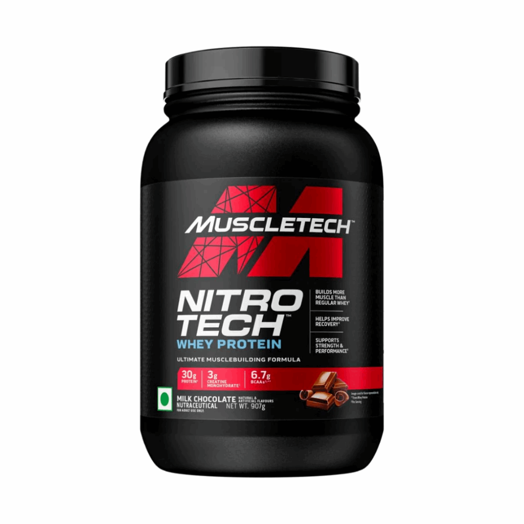 Muscletech Nitro Tech Whey Protein container on a white background