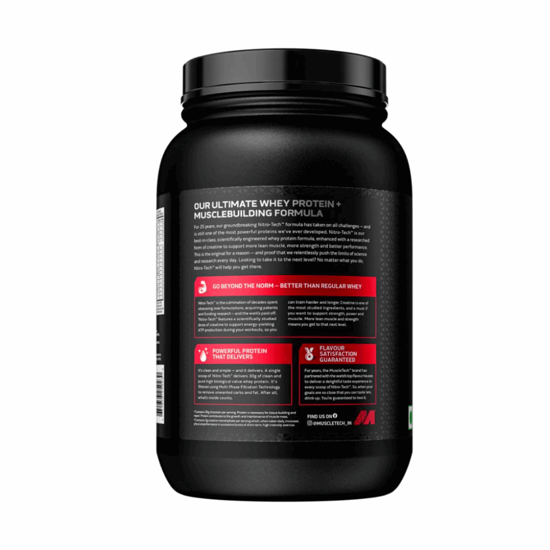 Black protein powder container with label on a white background
