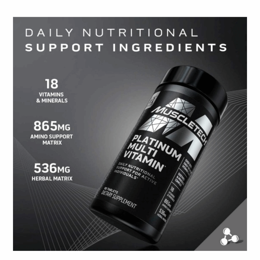 MuscleTech Platinum Multi Vitamin supplement bottle on a dark background with nutritional information.
