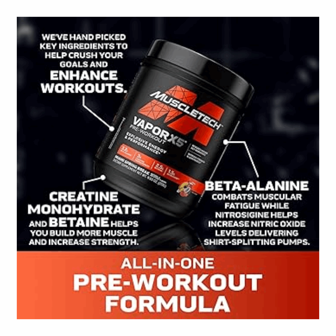 Muscletech Vapor X5 pre-workout supplement container with text on a dark background
