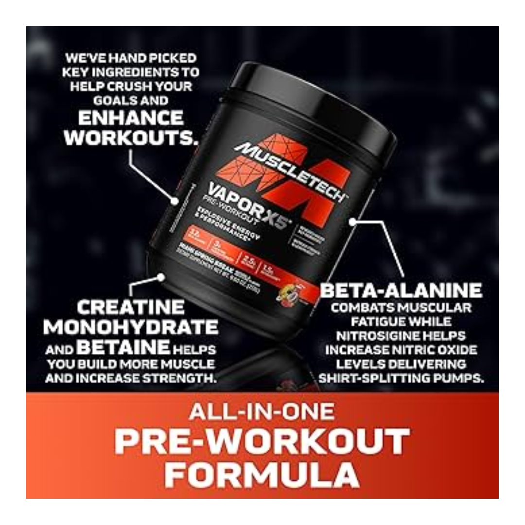 Muscletech Vapor X5 pre-workout supplement container with text on a dark background