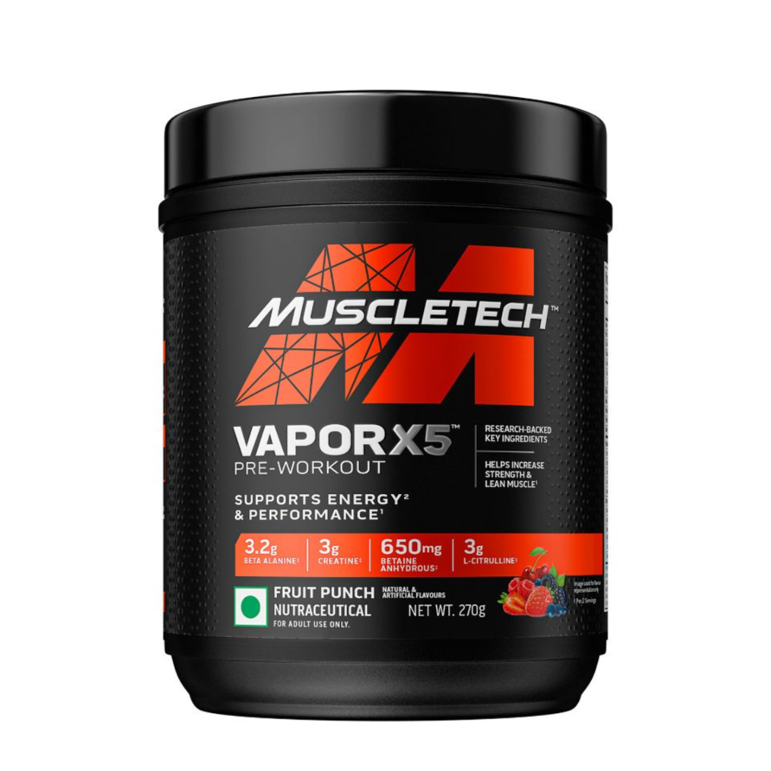 Black container of Muscletech Vapor X5 pre-workout supplement on a white background