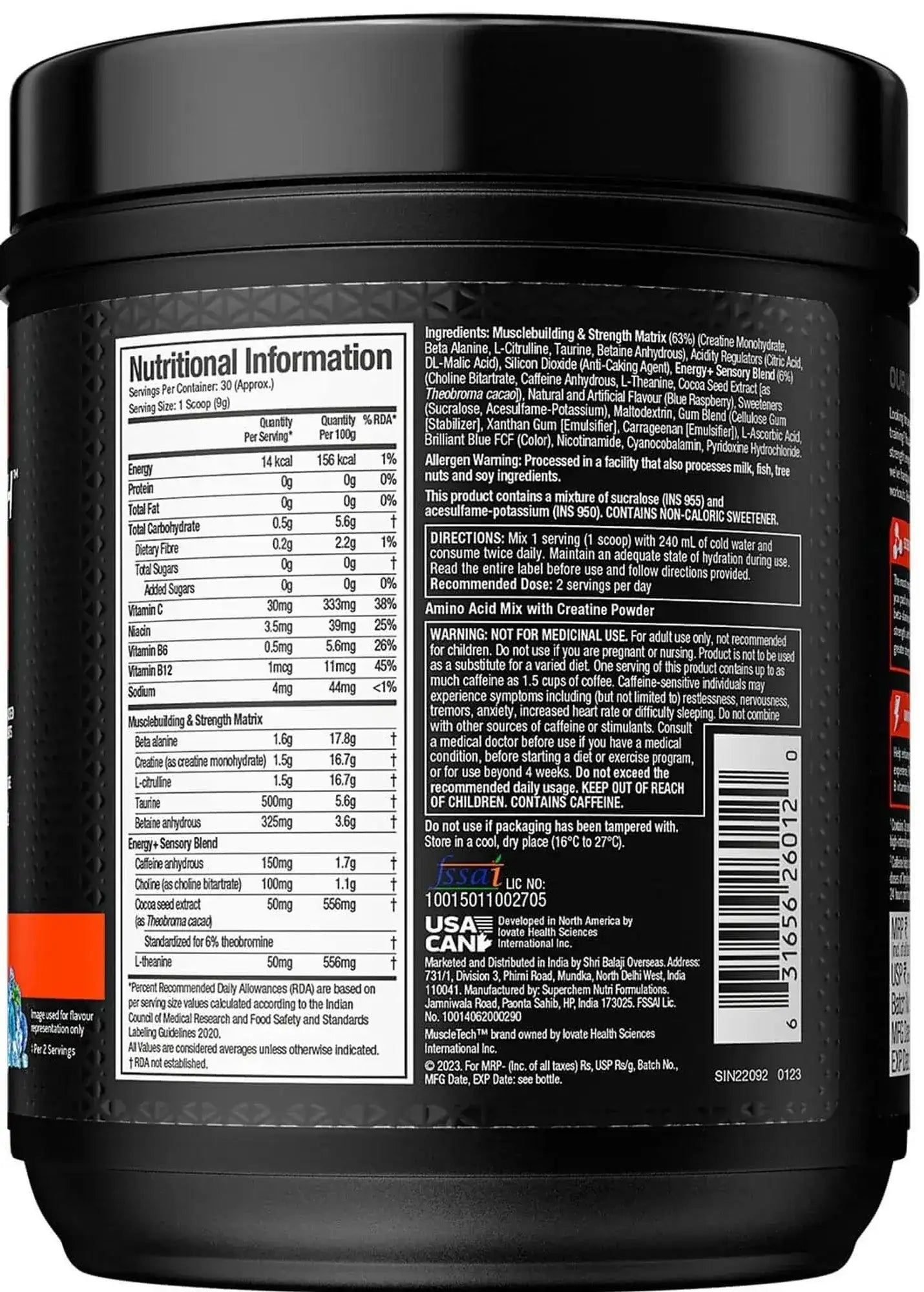 Nutritional information label on a supplement container