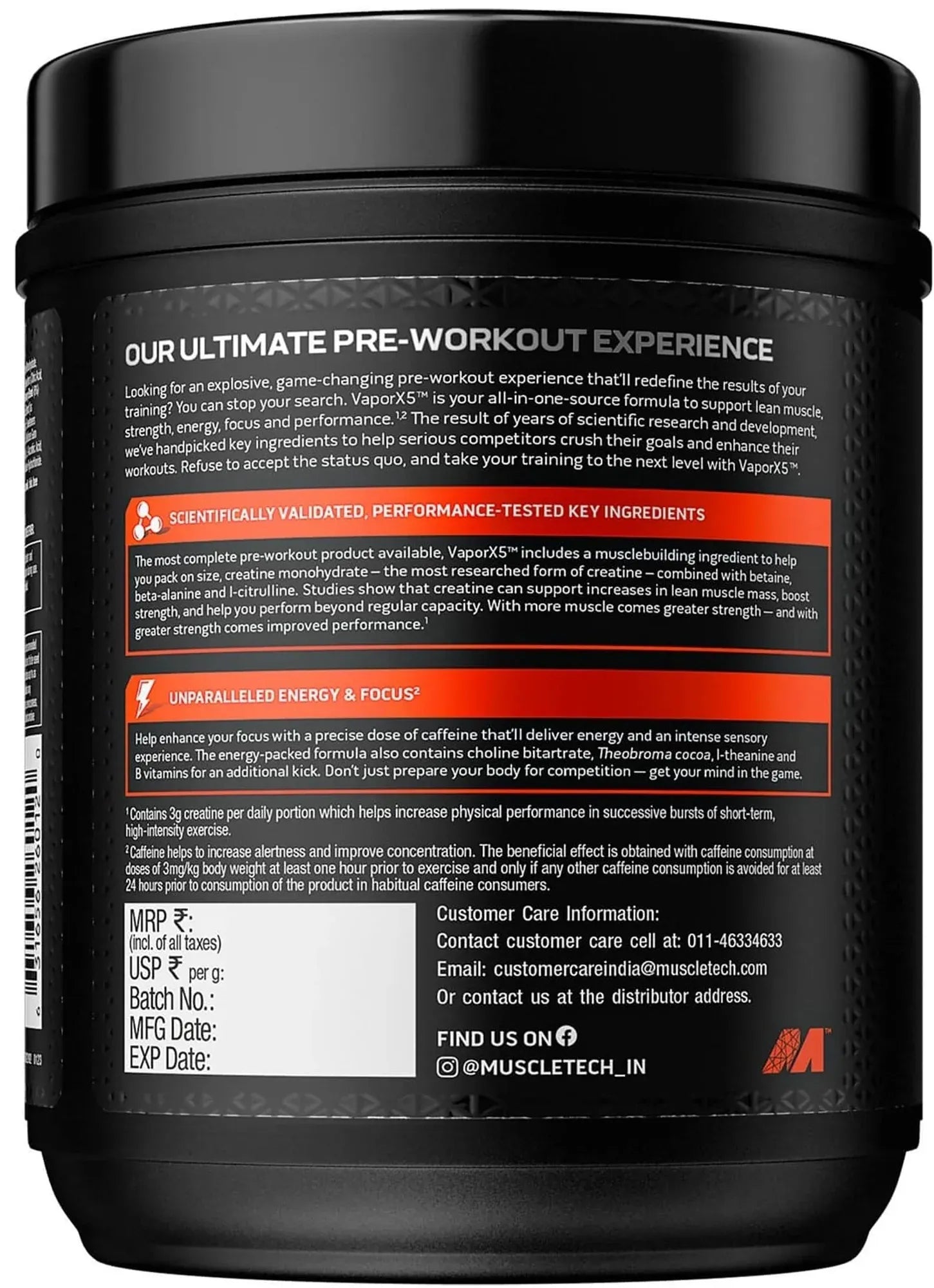 Black container of a pre-workout supplement with text on the back
