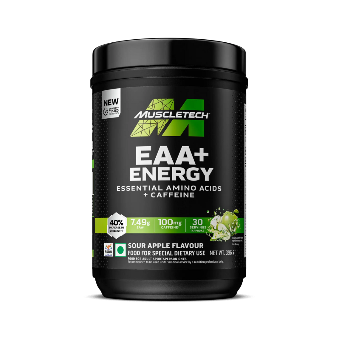 Muscletech EAA+ Energy supplement container on a white background