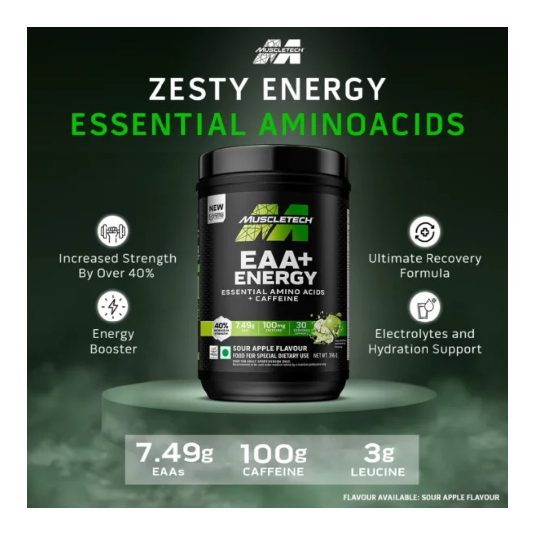 Muscletech EAA+ Energy supplement container with product details on a dark background