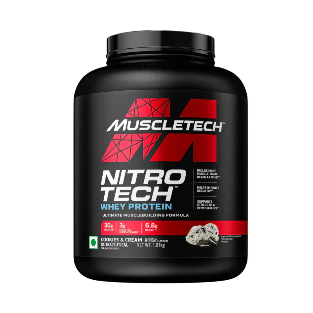Muscletech Nitro Tech Whey Protein container on a white background
