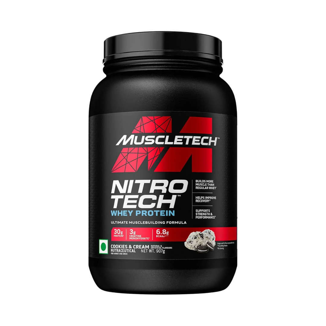 Muscletech Nitro Tech Whey Protein container on a white background
