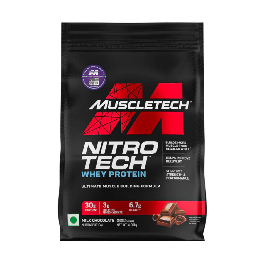 Muscletech Nitro Tech Whey Protein package on a white background