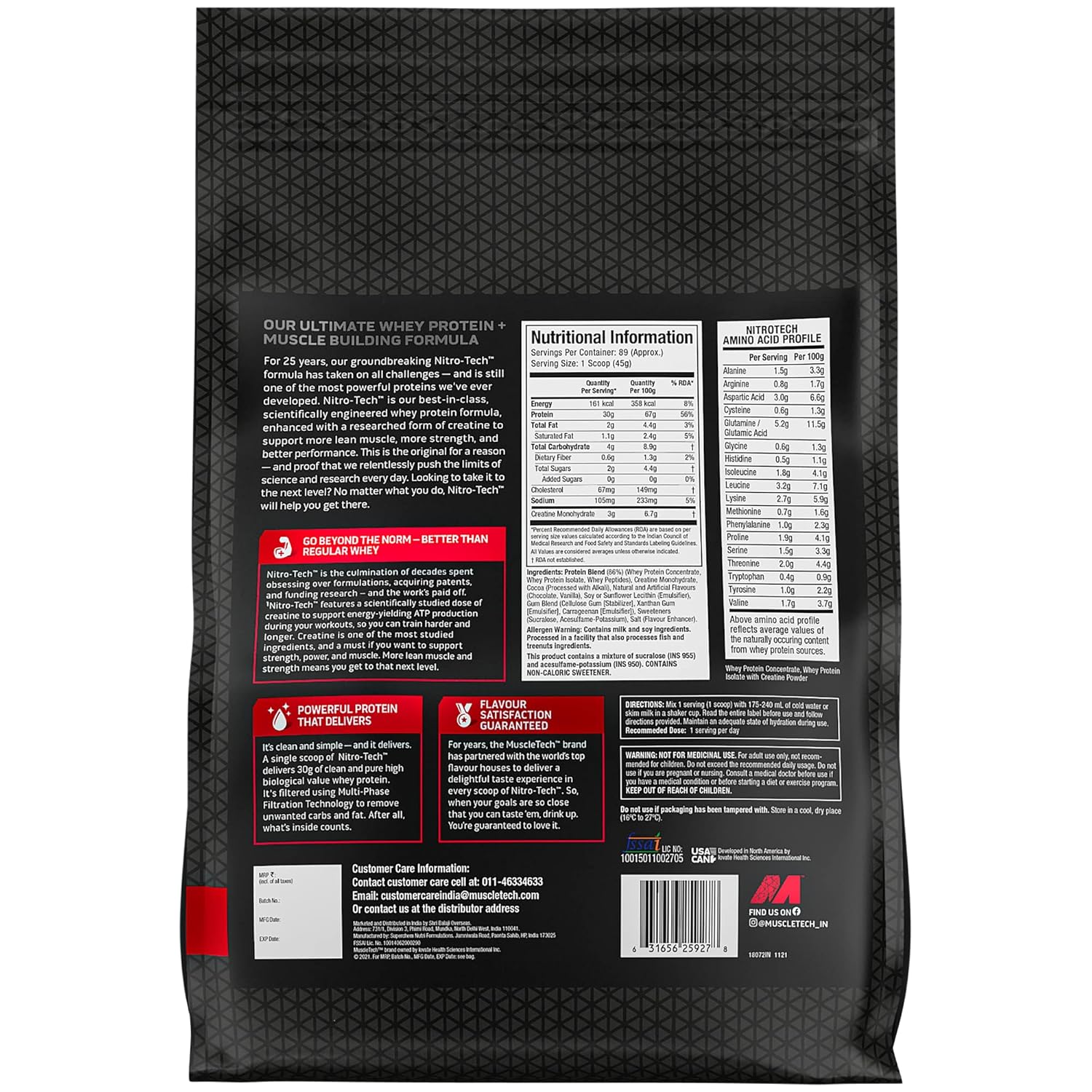 Back view of a protein powder package with nutritional information and branding.