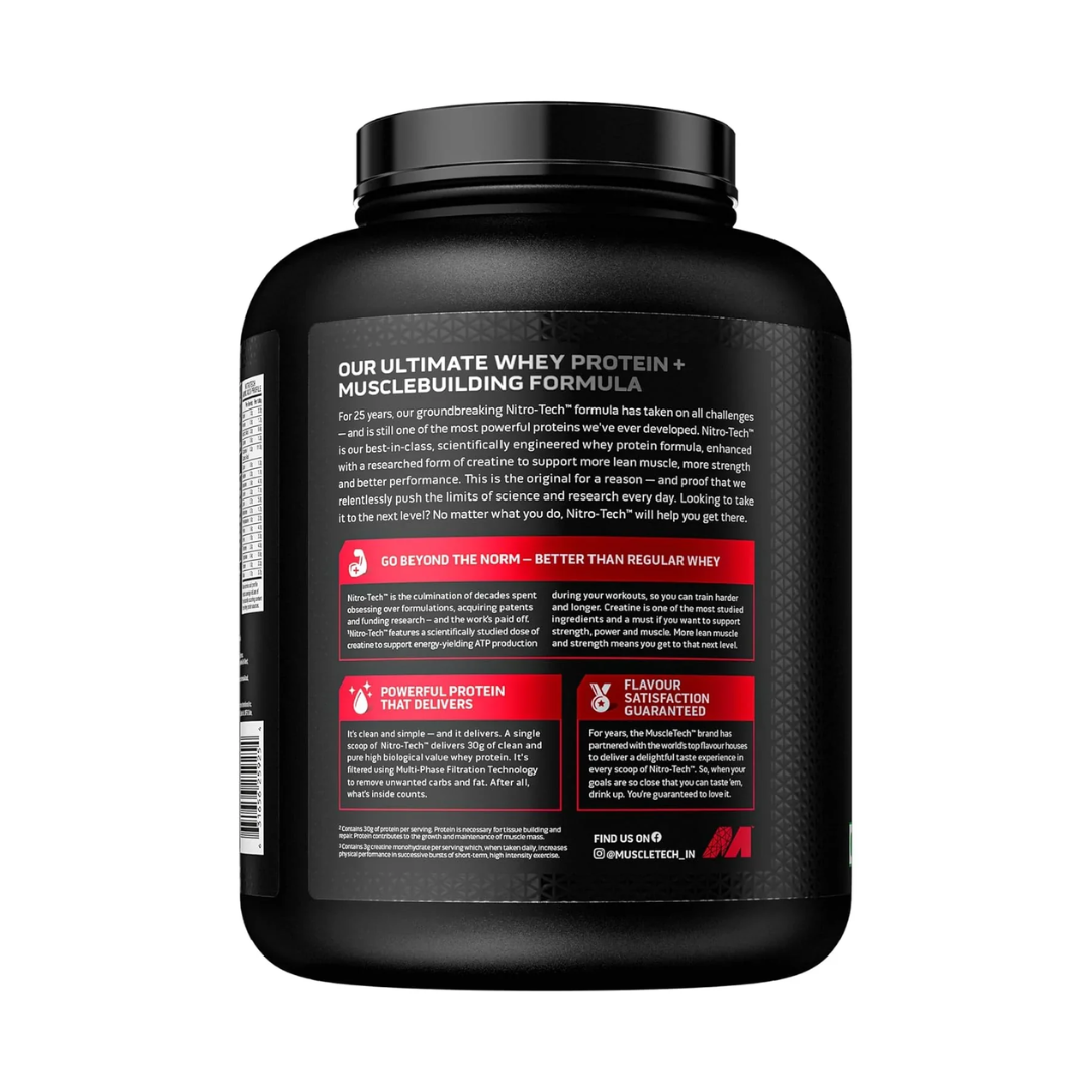 Black protein supplement container with text on a white background
