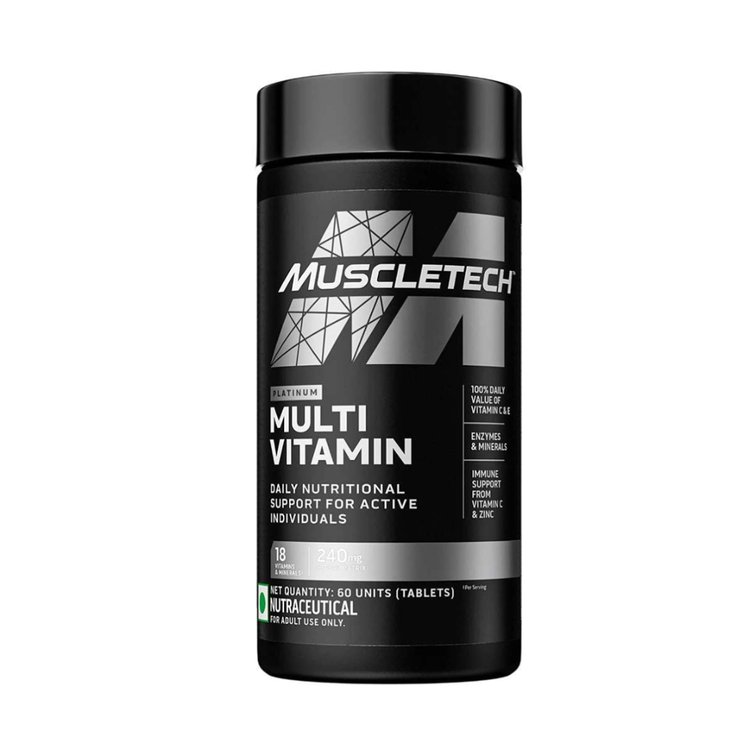 Muscletech multi vitamin supplement container on a white background