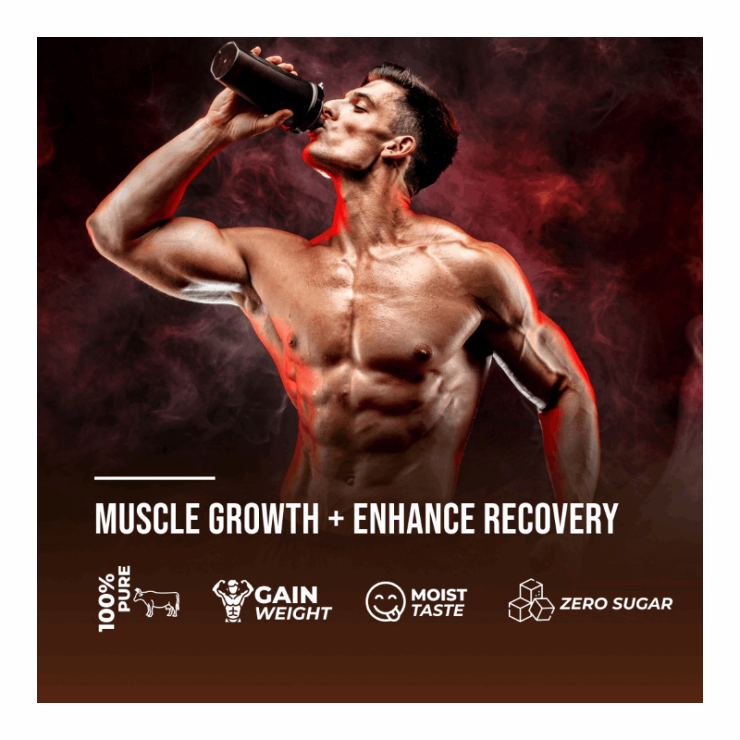 Muscular man drinking a supplement shake with promotional text about muscle growth and recovery.