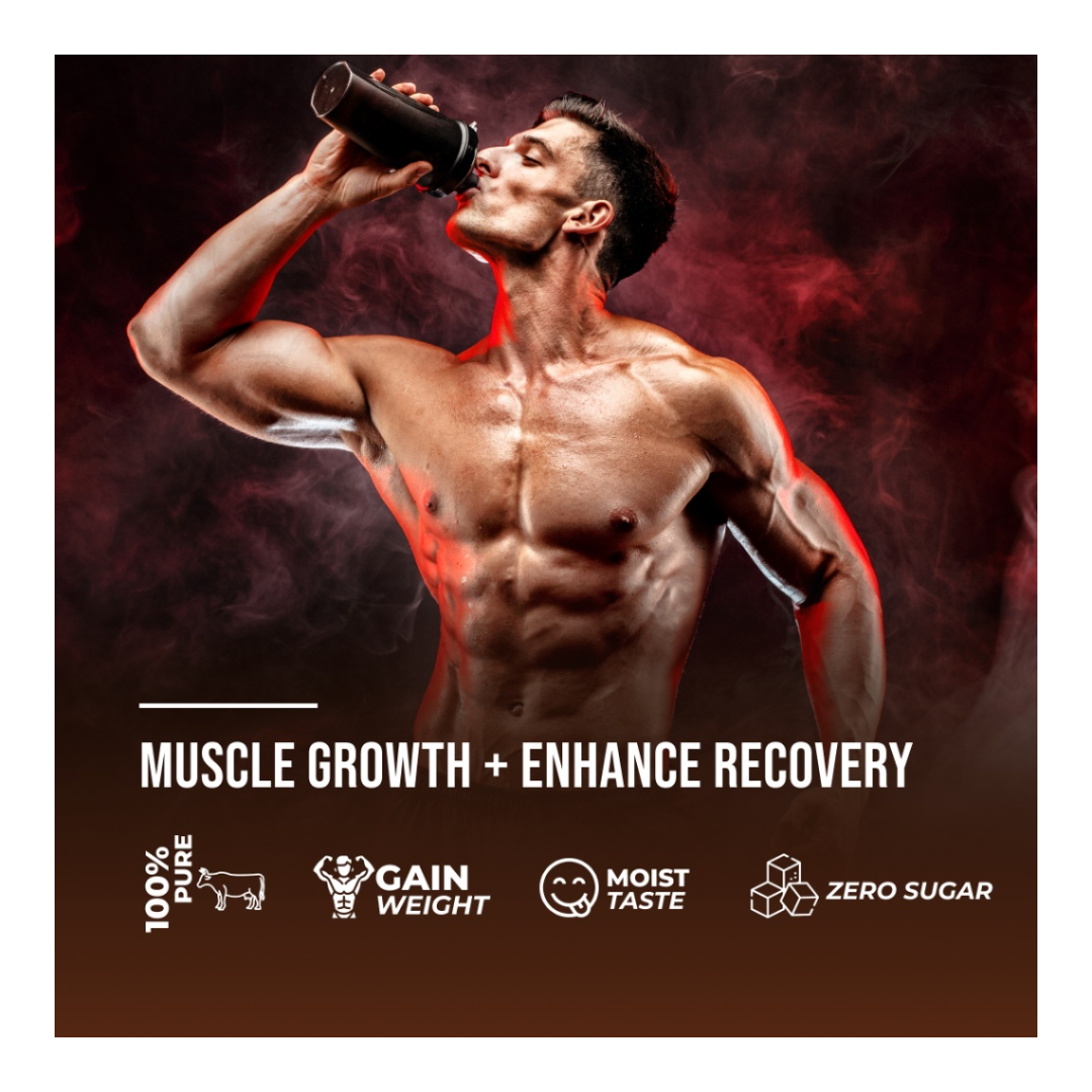 Muscular man drinking a supplement shake with promotional text about muscle growth and recovery.