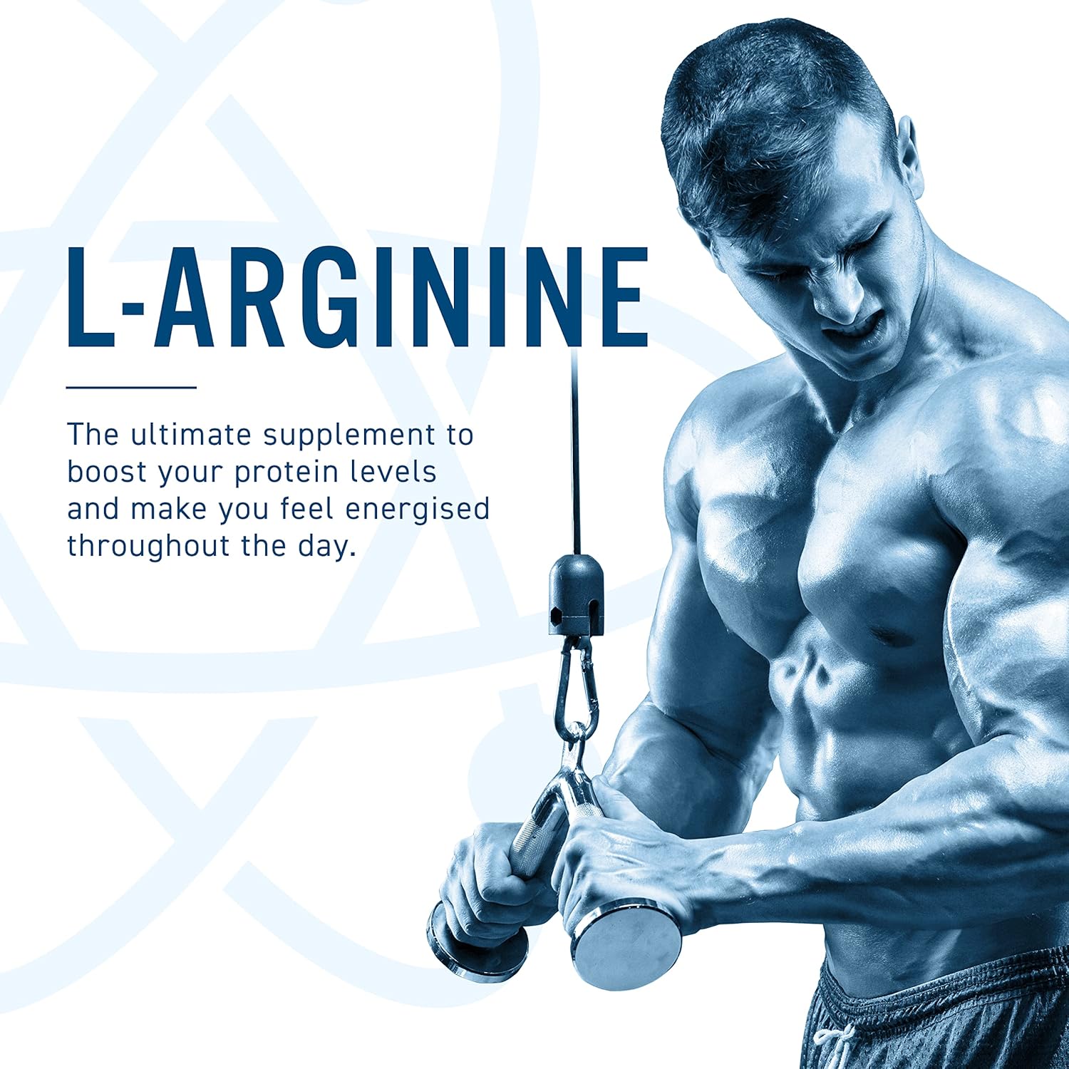 Muscular man exercising with text about L-arginine supplement on a light blue background