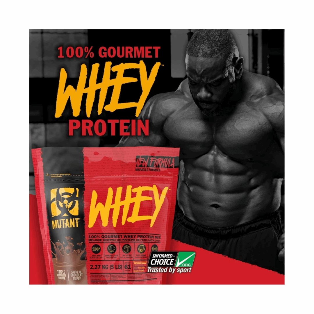 Mutant whey protein package with a muscular man in the background