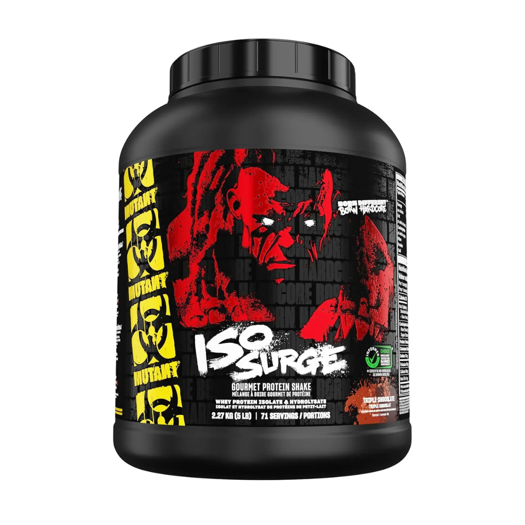 Black protein supplement container with red and yellow graphics on a white background