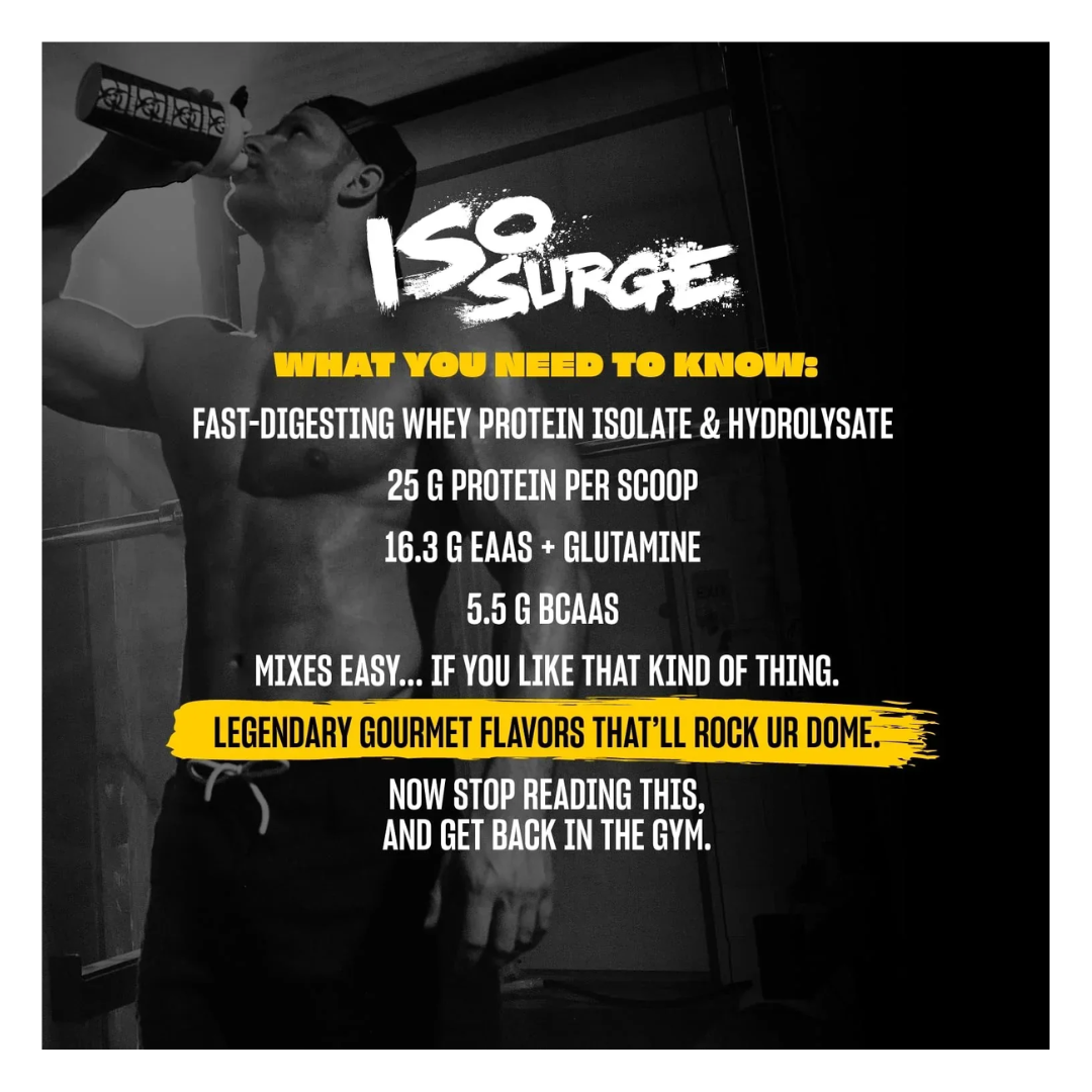 Advertisement for ISO Surge protein supplement with a person holding a supplement container.