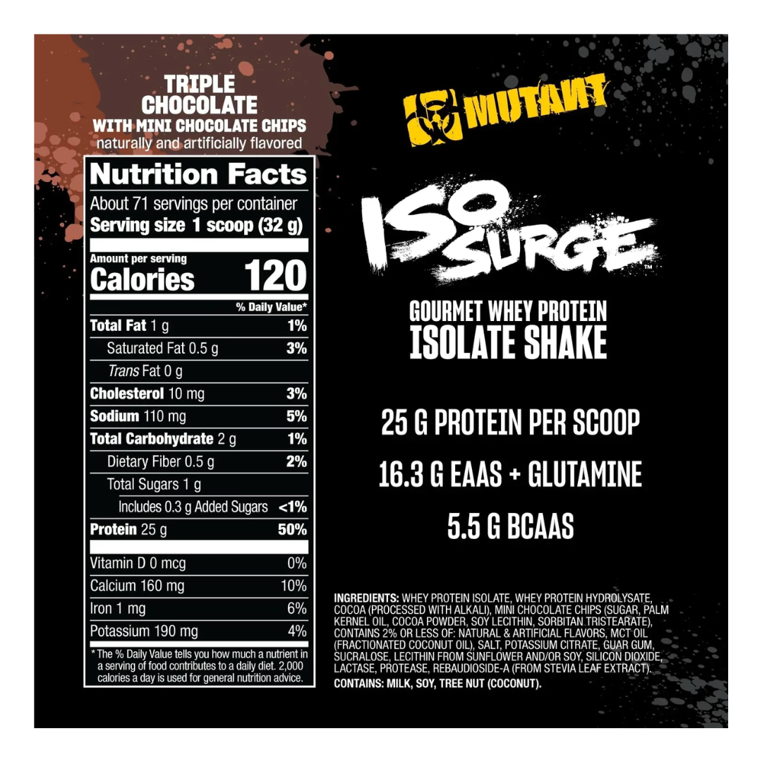 Nutrition label for Mutant ISO Surge Gourmet Whey Protein Isolate Shake on a black background.